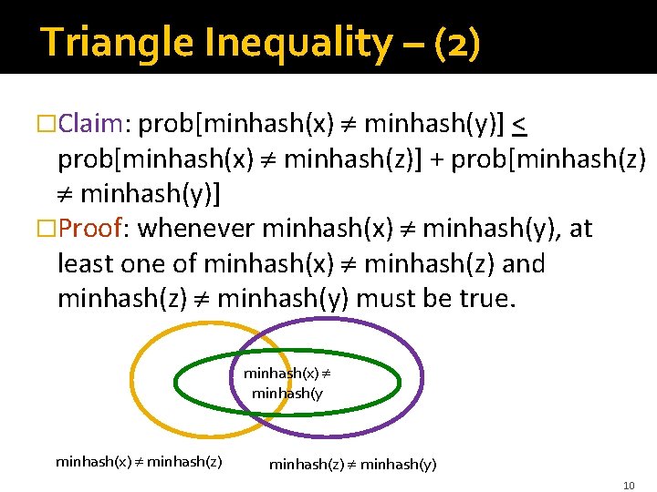 Triangle Inequality – (2) �Claim: prob[minhash(x) minhash(y)] < prob[minhash(x) minhash(z)] + prob[minhash(z) minhash(y)] �Proof:
