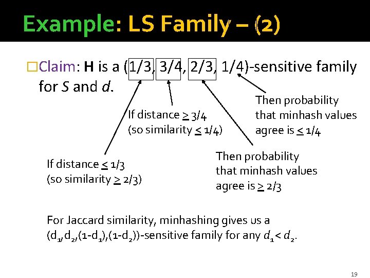 Example: LS Family – (2) �Claim: H is a (1/3, 3/4, 2/3, 1/4)-sensitive family