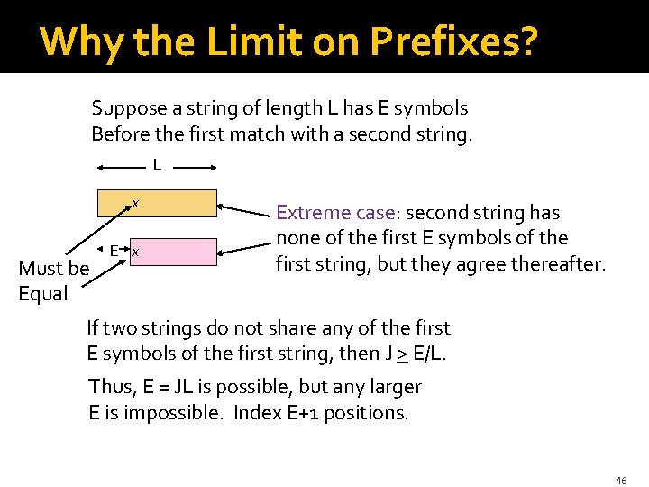 Why the Limit on Prefixes? Suppose a string of length L has E symbols