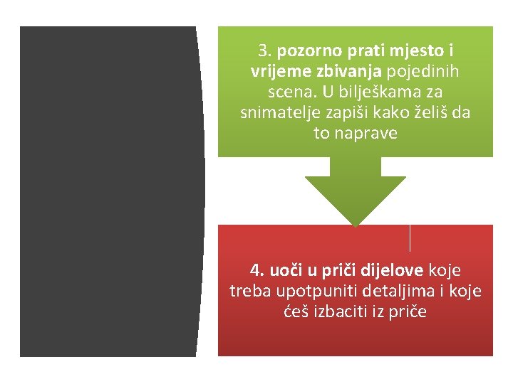 3. pozorno prati mjesto i vrijeme zbivanja pojedinih scena. U bilješkama za snimatelje zapiši