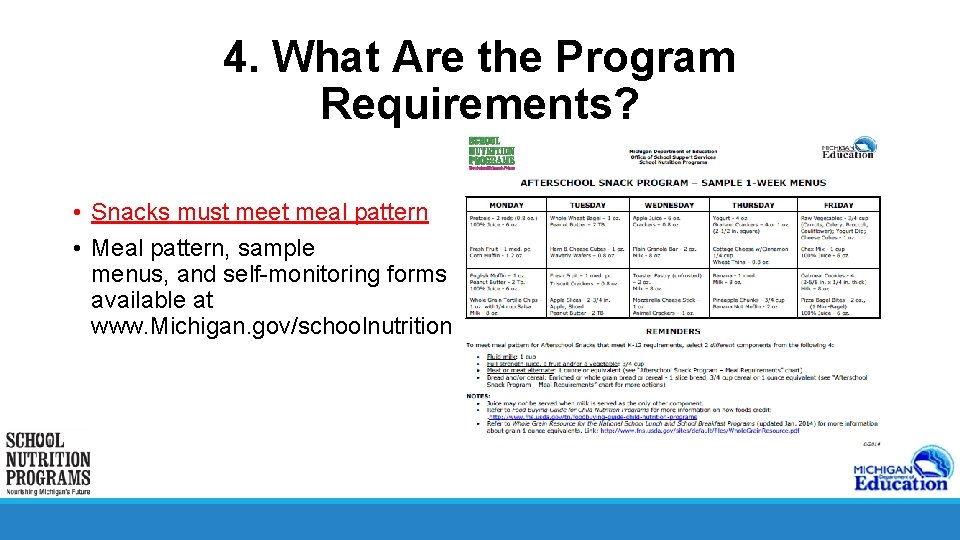 4. What Are the Program Requirements? • Snacks must meet meal pattern • Meal