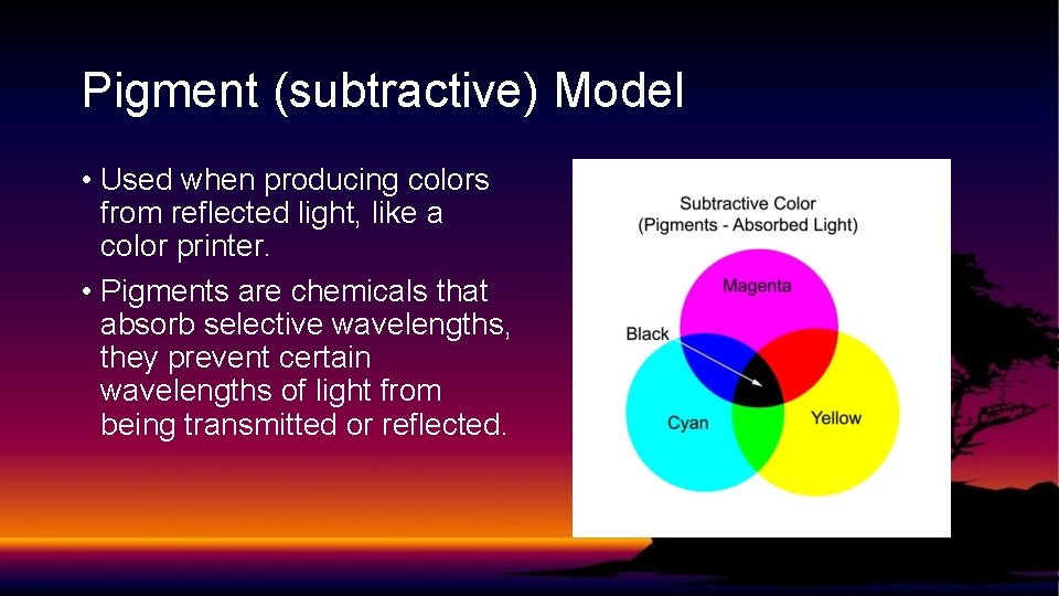 Pigment (subtractive) Model • Used when producing colors from reflected light, like a color