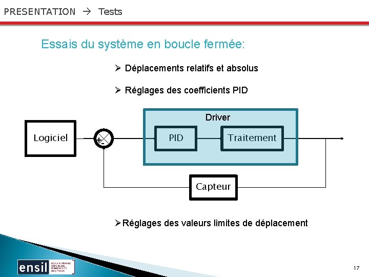 PRESENTATION Tests Essais du système en boucle fermée: Ø Déplacements relatifs et absolus Ø