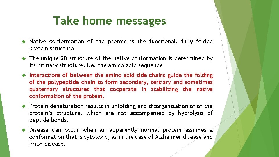 Take home messages Native conformation of the protein is the functional, fully folded protein