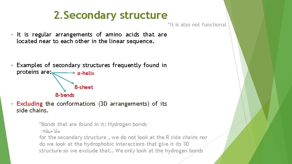 2. Secondary structure • It is regular arrangements of amino acids that are located