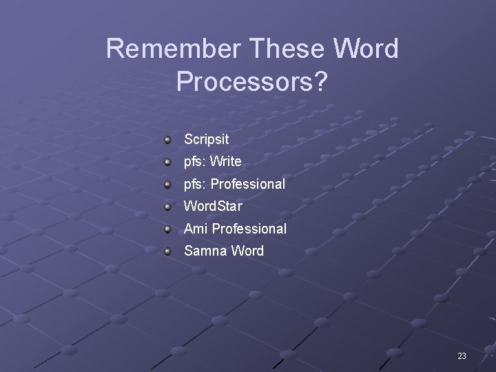 Remember These Word Processors? Scripsit pfs: Write pfs: Professional Word. Star Ami Professional Samna