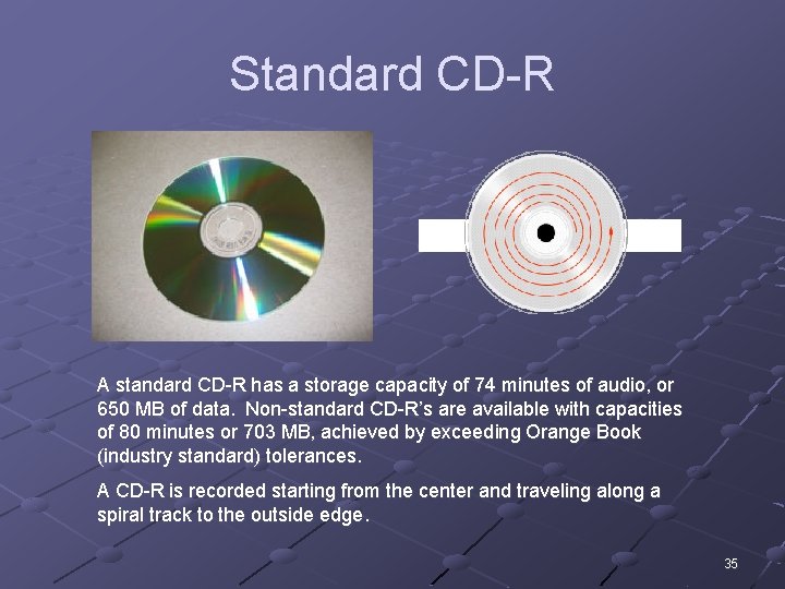 Standard CD-R A standard CD-R has a storage capacity of 74 minutes of audio,