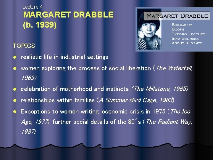 Lecture 4 MARGARET DRABBLE (b. 1939) TOPICS l realistic life in industrial settings l