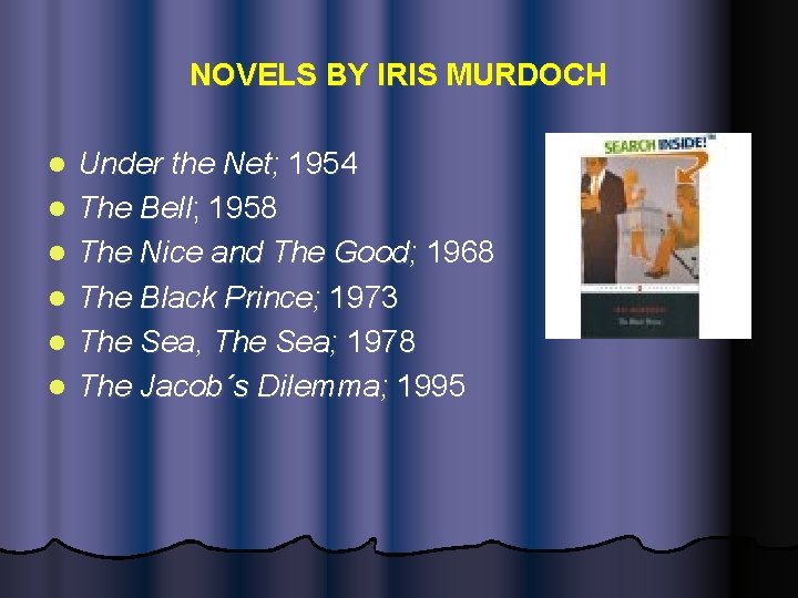 NOVELS BY IRIS MURDOCH l l l Under the Net; 1954 The Bell; 1958