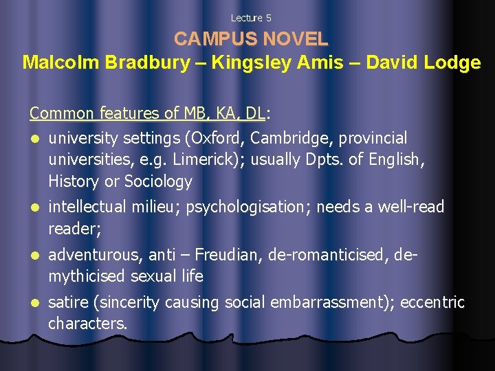 Lecture 5 CAMPUS NOVEL Malcolm Bradbury – Kingsley Amis – David Lodge Common features