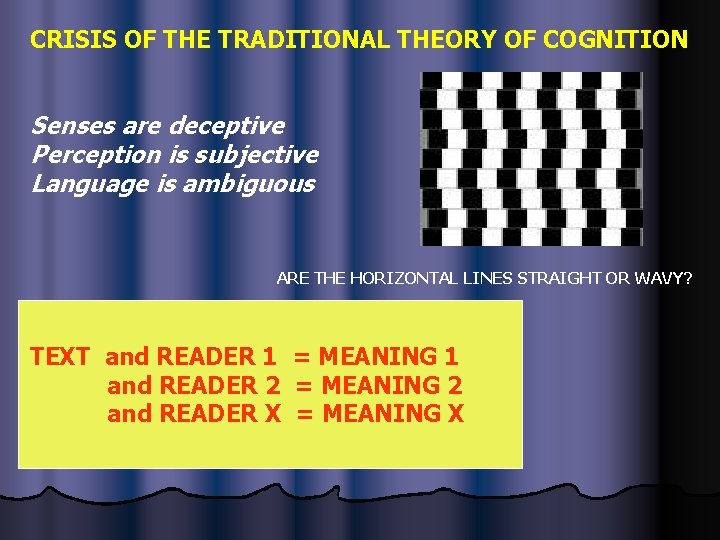 CRISIS OF THE TRADITIONAL THEORY OF COGNITION Senses are deceptive Perception is subjective Language