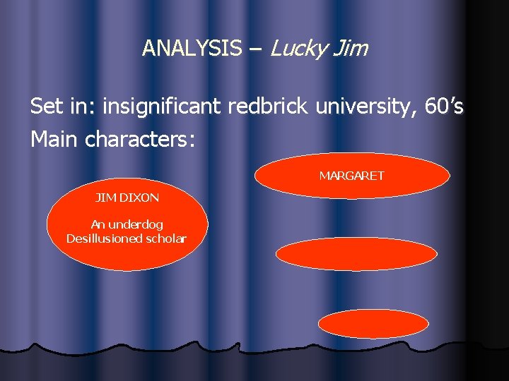 ANALYSIS – Lucky Jim Set in: insignificant redbrick university, 60’s Main characters: MARGARET JIM