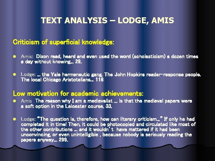TEXT ANALYSIS – LODGE, AMIS Criticism of superficial knowledge: l Amis: Dixon read, heard