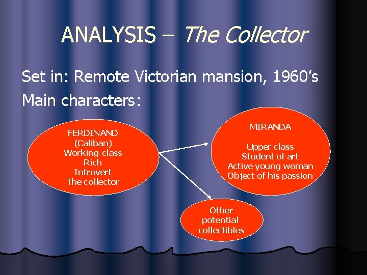 ANALYSIS – The Collector Set in: Remote Victorian mansion, 1960’s Main characters: FERDINAND (Caliban)