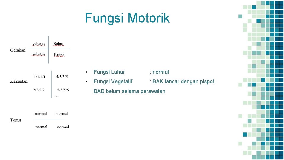 Fungsi Motorik • Fungsi Luhur : normal • Fungsi Vegetatif : BAK lancar dengan