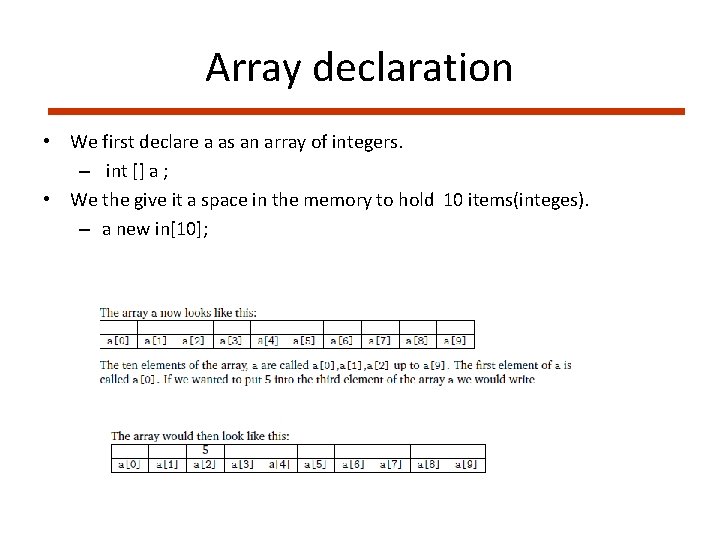 Array declaration • We first declare a as an array of integers. – int