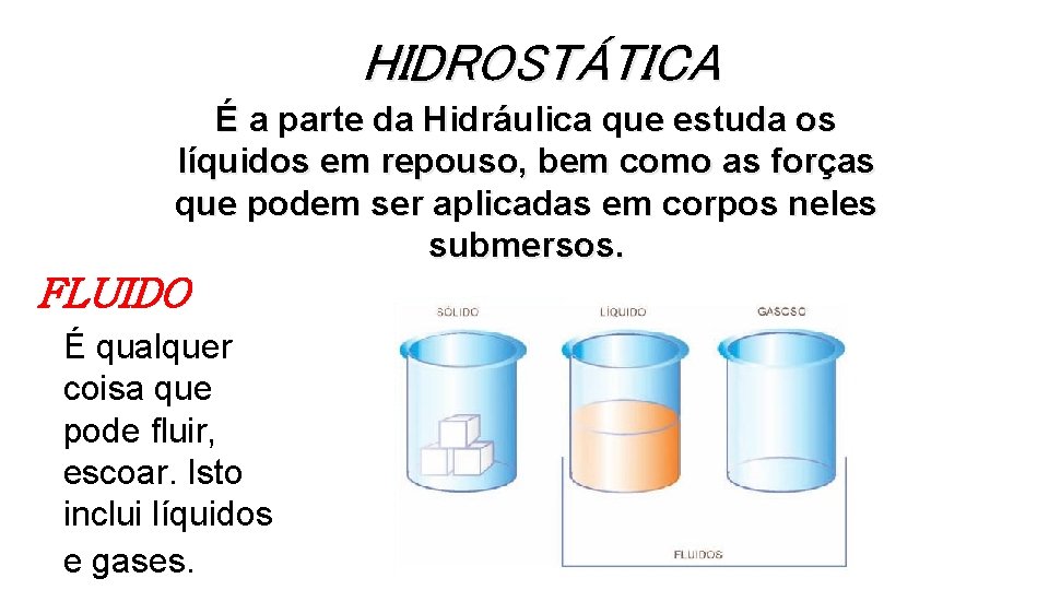 HIDROSTÁTICA É a parte da Hidráulica que estuda os líquidos em repouso, bem como