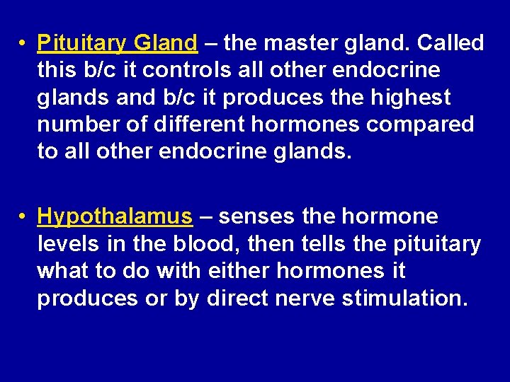  • Pituitary Gland – the master gland. Called this b/c it controls all