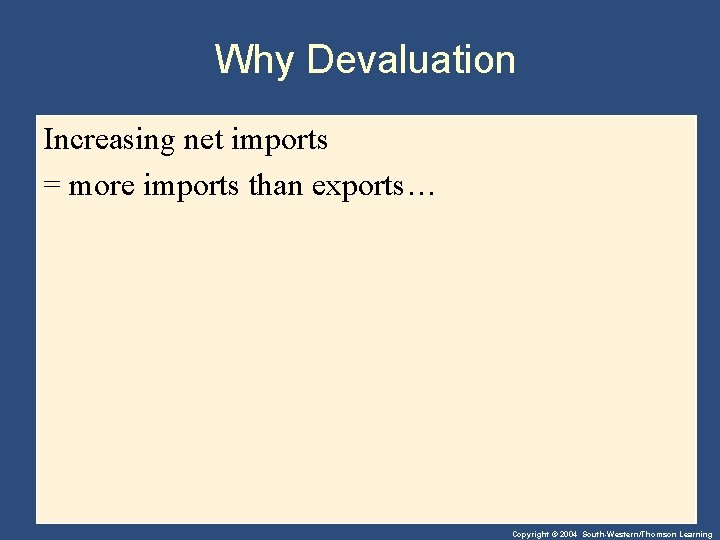 Why Devaluation Increasing net imports = more imports than exports… Copyright © 2004 South-Western/Thomson