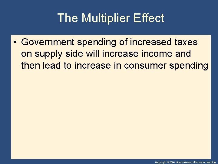 The Multiplier Effect • Government spending of increased taxes on supply side will increase