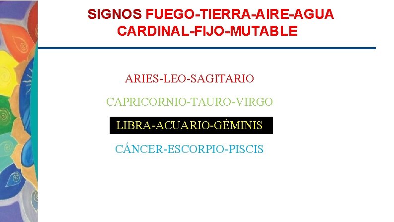 SIGNOS FUEGO-TIERRA-AIRE-AGUA CARDINAL-FIJO-MUTABLE ARIES-LEO-SAGITARIO CAPRICORNIO-TAURO-VIRGO LIBRA-ACUARIO-GÉMINIS CÁNCER-ESCORPIO-PISCIS 