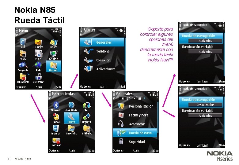 Nokia N 85 Rueda Táctil Soporte para controlar algunas opciones del menú directamente con