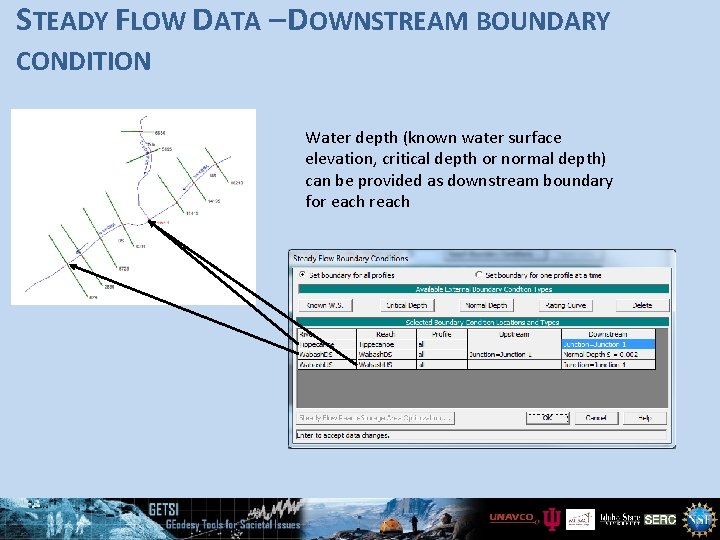STEADY FLOW DATA – DOWNSTREAM BOUNDARY CONDITION Water depth (known water surface elevation, critical