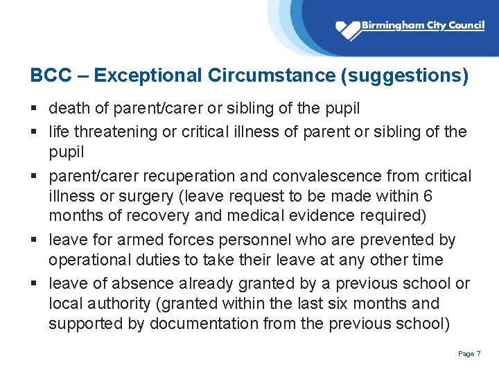 BCC – Exceptional Circumstance (suggestions) § death of parent/carer or sibling of the pupil BCC – Exceptional Circumstance (suggestions) § death of parent/carer or sibling of the pupil