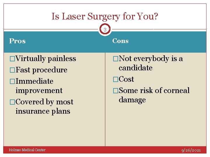 Is Laser Surgery for You? 3 Pros Cons �Virtually painless �Not everybody is a