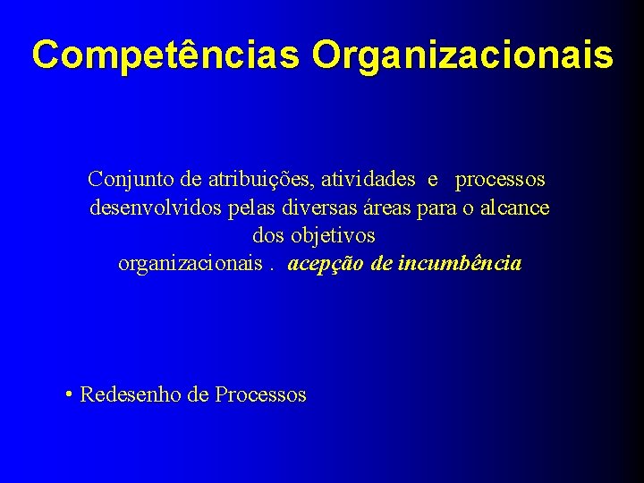 Competências Organizacionais Conjunto de atribuições, atividades e processos desenvolvidos pelas diversas áreas para o