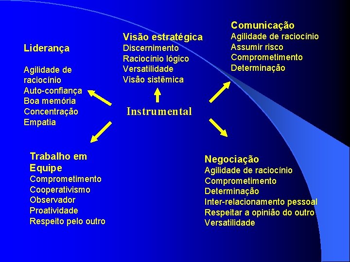 Comunicação Visão estratégica Liderança Agilidade de raciocínio Auto-confiança Boa memória Concentração Empatia Trabalho em