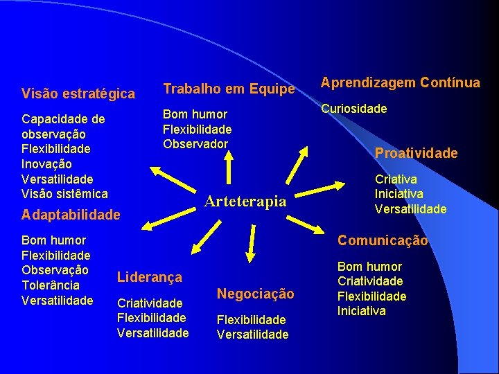 Visão estratégica Trabalho em Equipe Aprendizagem Contínua Capacidade de observação Flexibilidade Inovação Versatilidade Visão