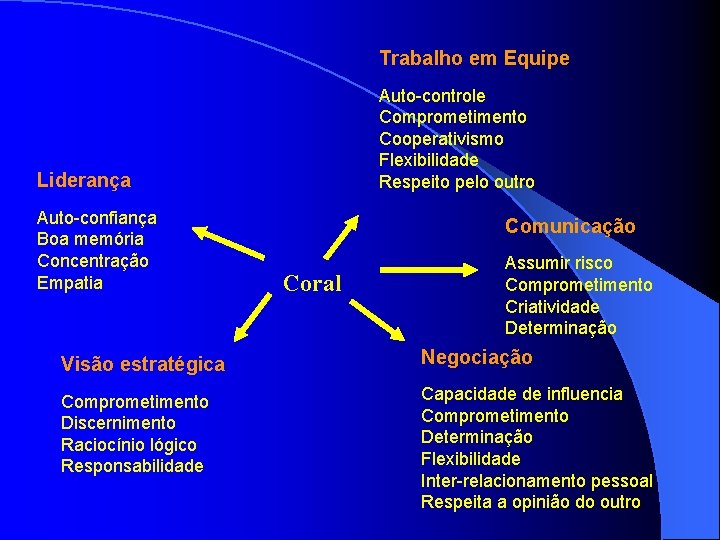 Trabalho em Equipe Auto-controle Comprometimento Cooperativismo Flexibilidade Respeito pelo outro Liderança Auto-confiança Boa memória