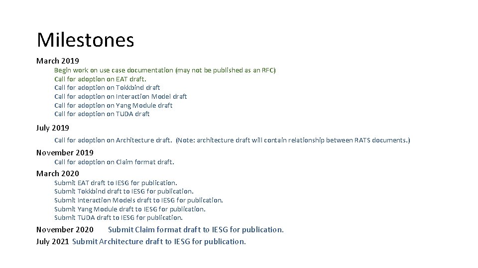 Milestones March 2019 Begin work on use case documentation (may not be published as