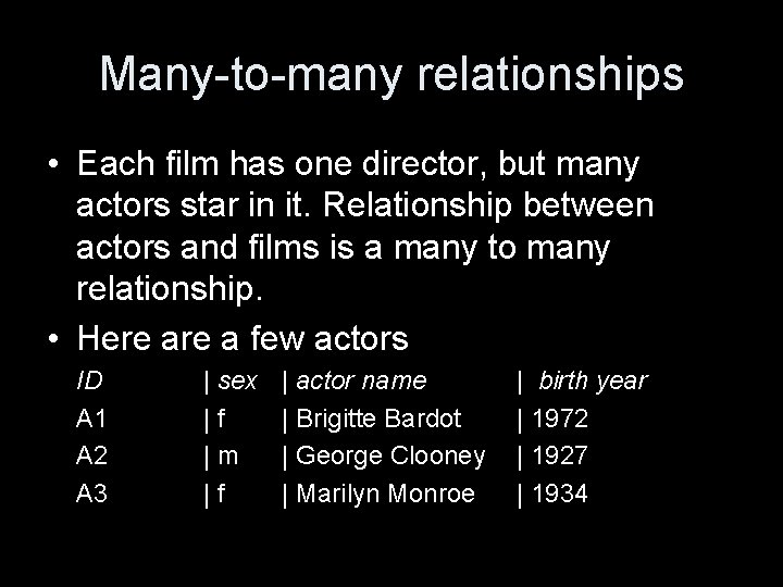 Many-to-many relationships • Each film has one director, but many actors star in it.