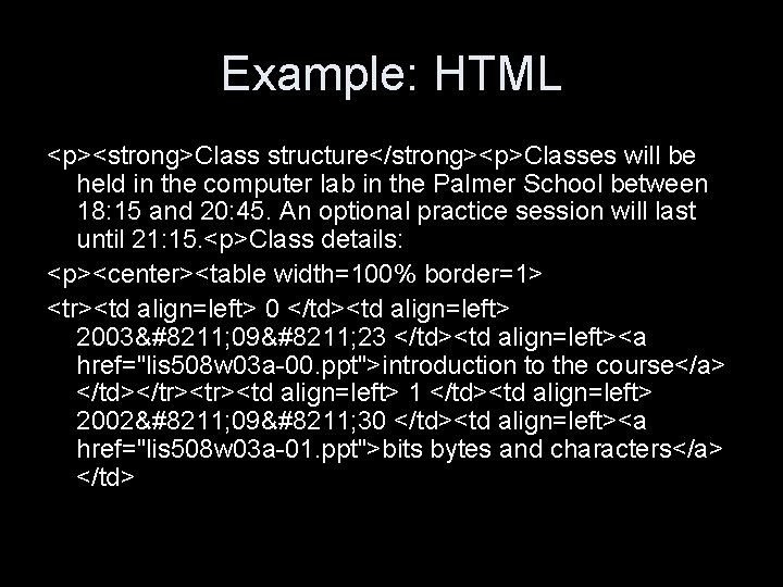 Example: HTML <p><strong>Class structure</strong><p>Classes will be held in the computer lab in the Palmer