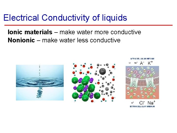Electrical Conductivity of liquids Ionic materials – make water more conductive Nonionic – make