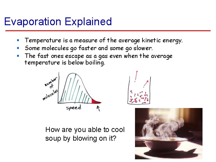 Evaporation Explained § Temperature is a measure of the average kinetic energy. § Some