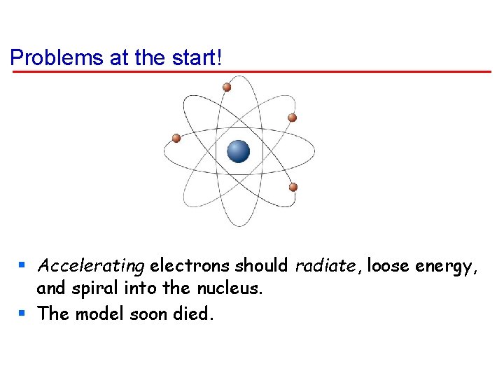 Problems at the start! § Accelerating electrons should radiate, loose energy, and spiral into