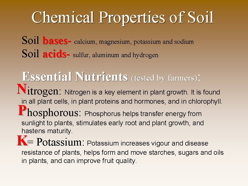 Chemical Properties of Soil bases- calcium, magnesium, potassium and sodium Soil acids- sulfur, aluminum