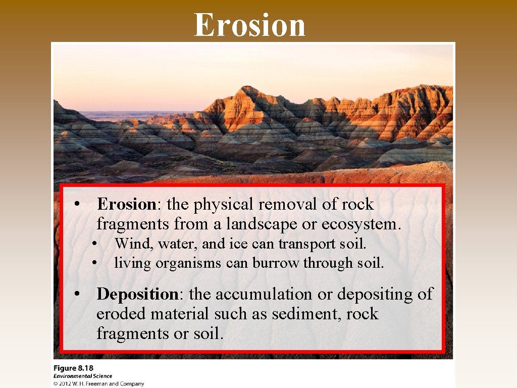 Erosion • Erosion: the physical removal of rock fragments from a landscape or ecosystem.