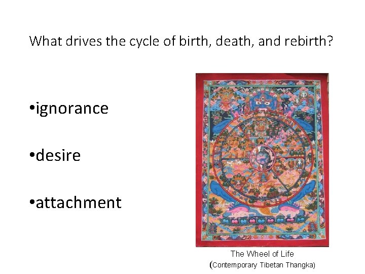 What drives the cycle of birth, death, and rebirth? • ignorance • desire •