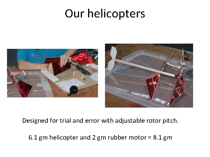 Our helicopters Designed for trial and error with adjustable rotor pitch. 6. 1 gm