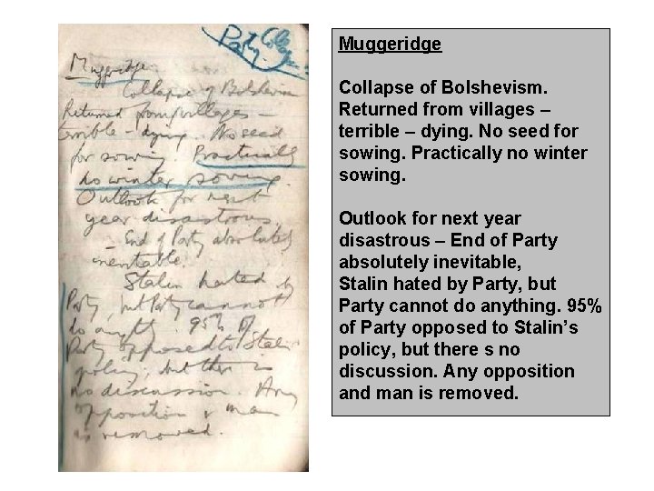 Muggeridge Collapse of Bolshevism. Returned from villages – terrible – dying. No seed for