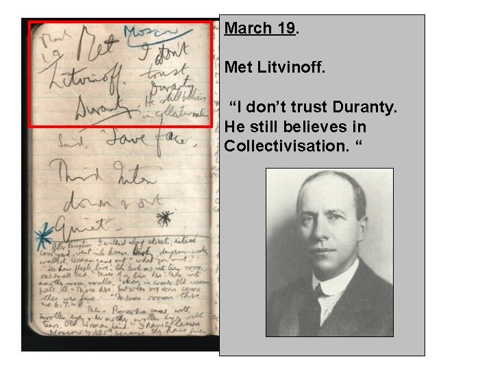 March 19. Met Litvinoff. “I don’t trust Duranty. He still believes in Collectivisation. “