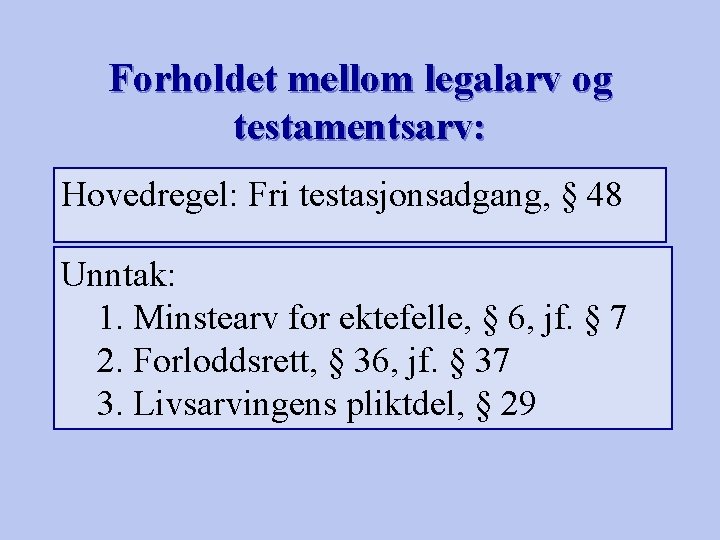 Forholdet mellom legalarv og testamentsarv: Hovedregel: Fri testasjonsadgang, § 48 Unntak: 1. Minstearv for