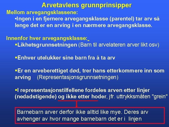 Arvetavlens grunnprinsipper Mellom arvegangsklassene: • Ingen i en fjernere arvegangsklasse (parentel) tar arv så