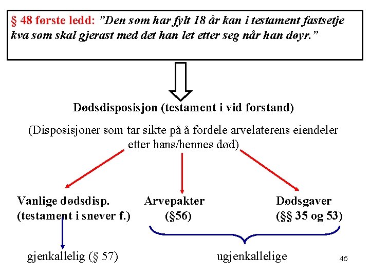 § 48 første ledd: ”Den som har fylt 18 år kan i testament fastsetje