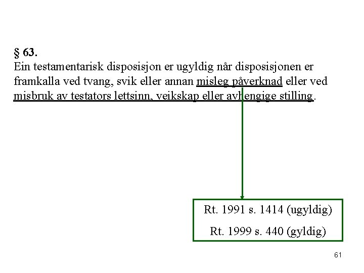 § 63. Ein testamentarisk disposisjon er ugyldig når disposisjonen er framkalla ved tvang, svik