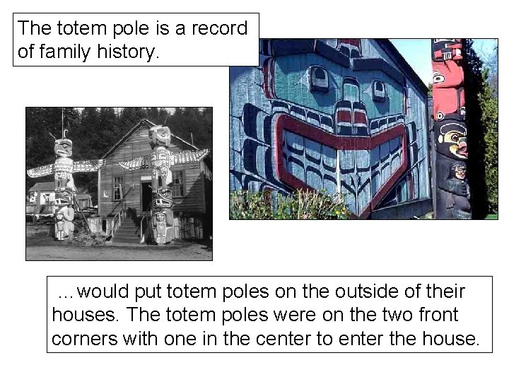 The totem pole is a record of family history. …would put totem poles on